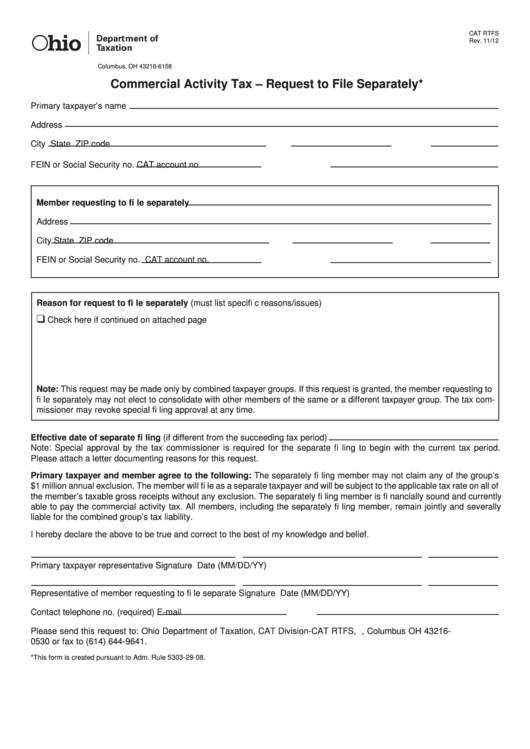 Fillable Form Cat Rtfs - Commercial Activity Tax - Request To File Separately Printable pdf