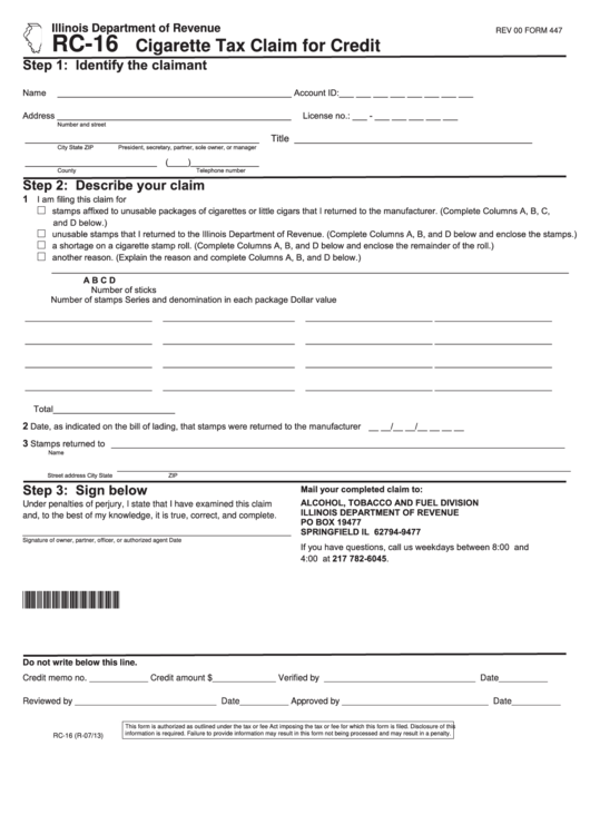 Fillable Form Rc-16 - Cigarette Tax Claim For Credit Printable pdf