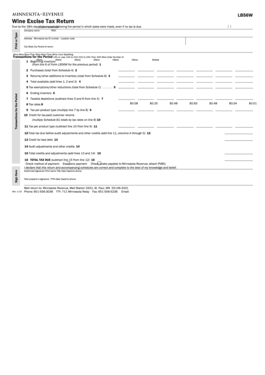 Fillable Form Lb56w - Wine Excise Tax Return Printable pdf