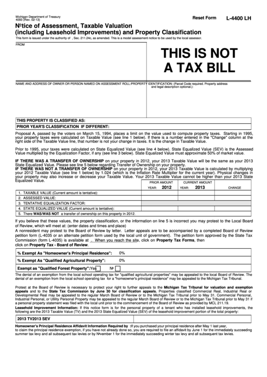 Fillable Form 4093 - Notice Of Assessment, Taxable Valuation (Including Leasehold Improvements) And Property Classification Printable pdf