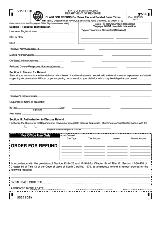 Form St-14 - Claim For Refund For Sales Tax And Related Sales Taxes Printable pdf