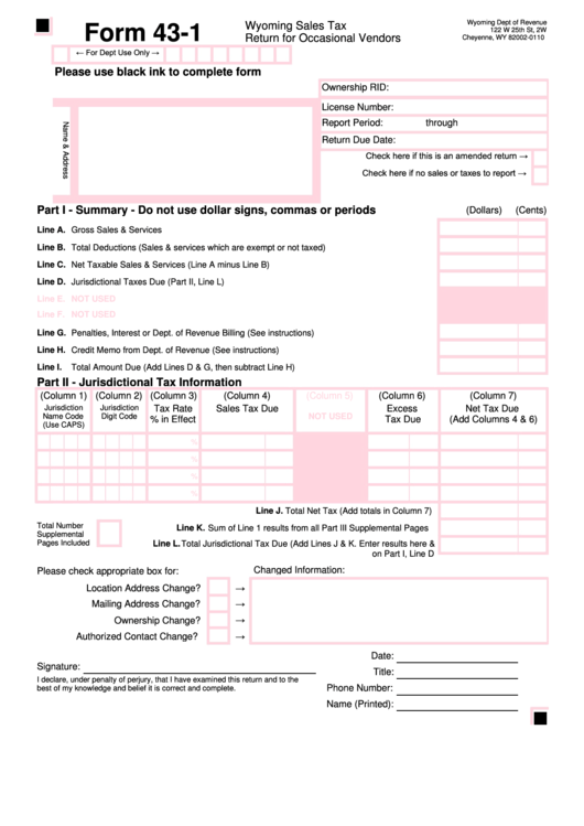 Fillable Form 43-1 - Wyoming Sales Tax Return For Occasional Vendors Printable pdf