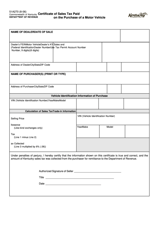 Fillable Form 51a270 - Certificate Of Sales Tax Paid On The Purchase Of A Motor Vehicle Printable pdf