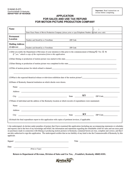 Form 51a242 - Application For Sales And Use Tax Refund For Motion Picture Production Company Printable pdf
