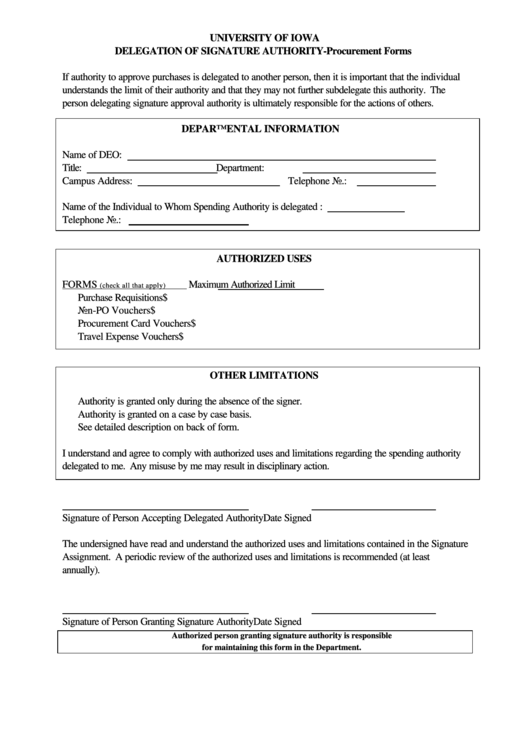 Fillable Delegation Of Signature Authority - Procurement Forms Printable pdf