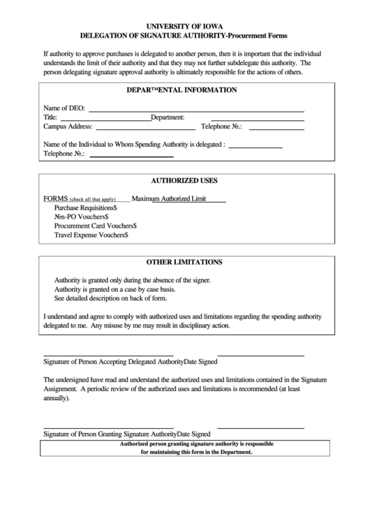 Fillable Delegation Of Signature Authority Procurement Forms 