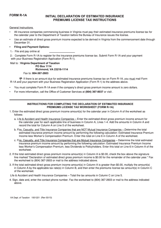 Fillable Form R-1a - Initial Declaration Of Estimated Insurance Premiums License Tax Printable pdf