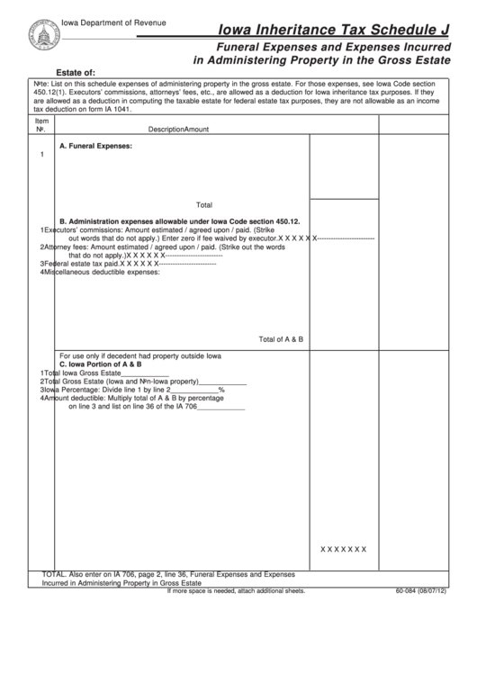 Form 60-084 - Funeral Expenses And Expenses Incurred In Administering Property In The Gross Estate Iowa Inheritance Tax Schedule J - 2012 Printable pdf