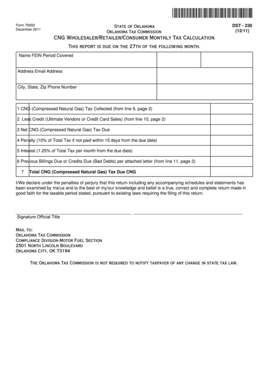 Fillable Form 70002 - Cng Wholesaler/retailer/consumer Monthly Tax Calculation Printable pdf