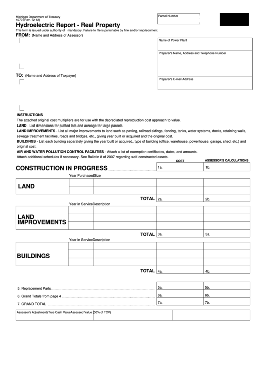 Fillable Form 4070 - Hydroelectric Report - Real Property - 2013 Printable pdf