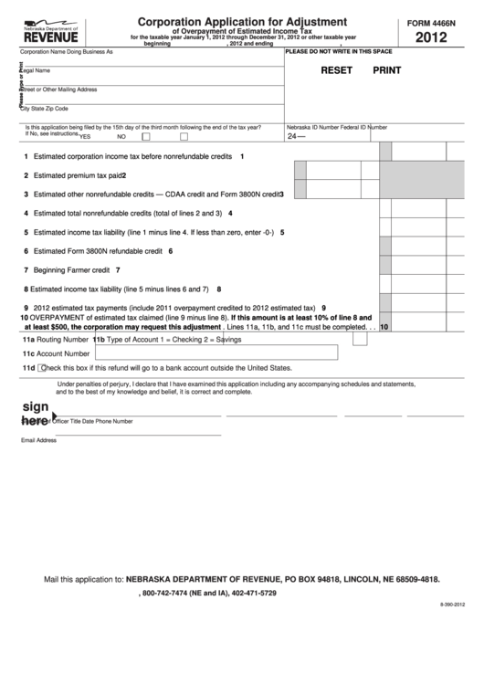 Fillable Form 4466n - Corporation Application For Adjustment Of Overpayment Of Estimated Income Tax - 2012 Printable pdf