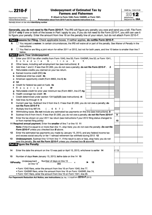 Fillable Form 2210-F - Underpayment Of Estimated Tax By Farmers And Fishermen - 2012 Printable pdf