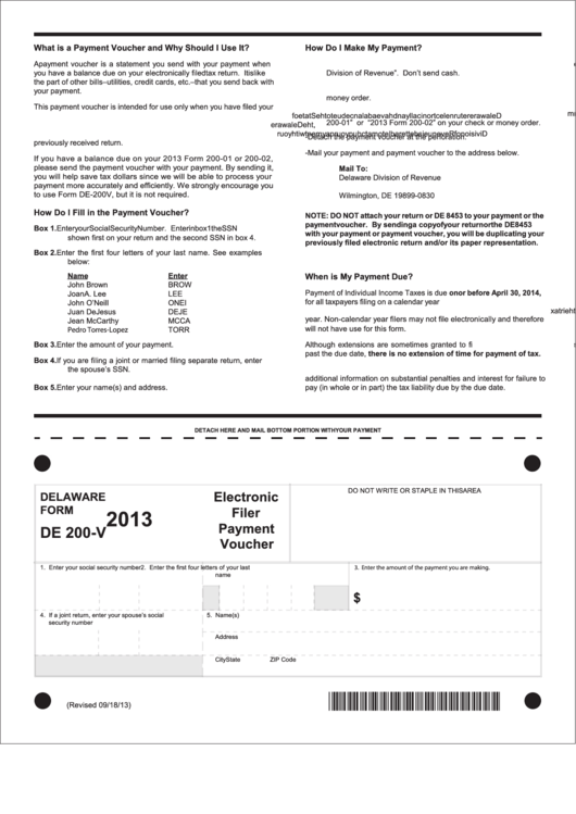 Fillable De 200-V - Electronic Filer Payment Voucher - 2013 Printable pdf