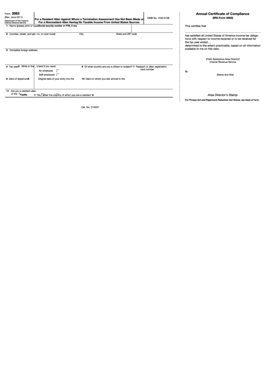 Fillable Form 2063 - U.s. Departing Alien Income Tax Statement Printable pdf