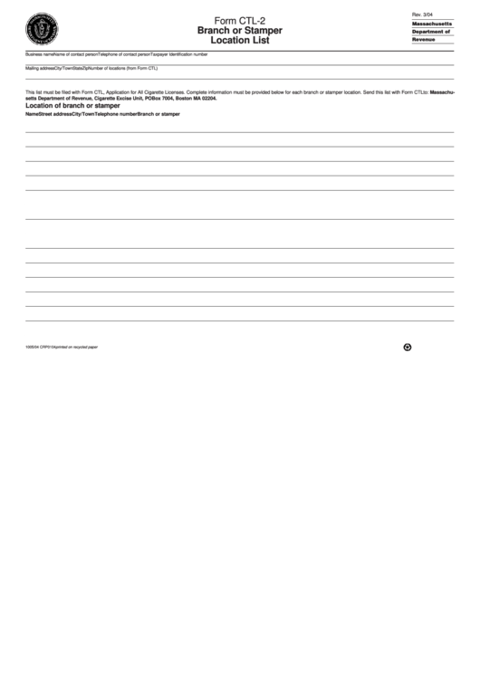 Form Ctl-2 - Branch Or Stamper Location List Printable pdf
