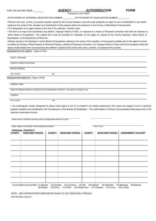 Fillable Form Dor 82130aa - Agency Authorization Form Printable pdf