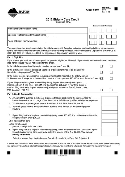 Fillable Form Ecc - Elderly Care Credit - 2012 Printable pdf