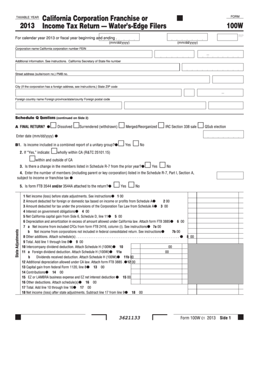 Fillable Form 100w - California Corporation Franchise Or Income Tax Return-Water