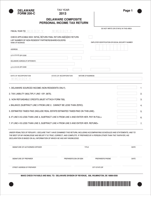 Form 200-C - Delaware Composite Personal Income Tax Return - 2013 Printable pdf