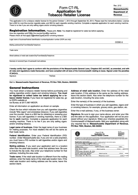 Form Ct-Rl - Application For Tobacco Retailer License Printable pdf