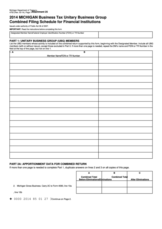 Form 4752 - Business Tax Unitary Business Group Combined Filing Schedule For Financial Institutions - 2014 Printable pdf