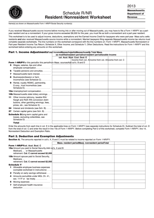 Fillable Schedule R/nr - Resident/nonresident Worksheet - 2013 Printable pdf