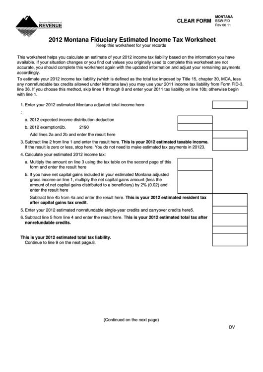 Fillable Form Esw-Fid - Montana Fiduciary Estimated Income Tax Worksheet - 2012 Printable pdf