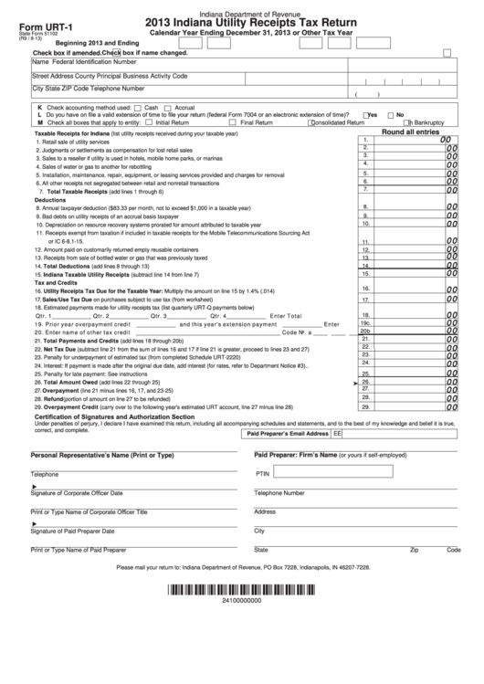 Fillable Form Urt-1 - Indiana Utility Receipts Tax Return - 2013 Printable pdf