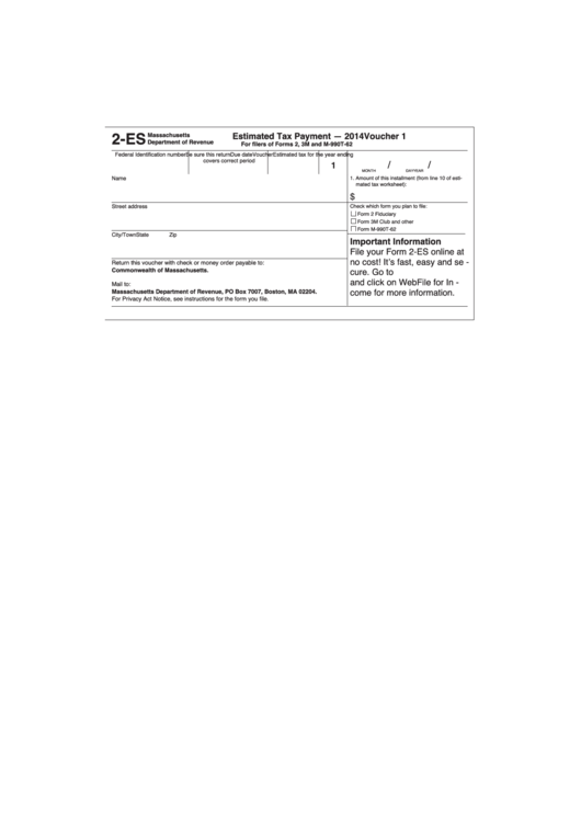Fillable Form 2-Es - Estimated Tax Payment - Massachusetts Department Of Revenue - 2014 Printable pdf