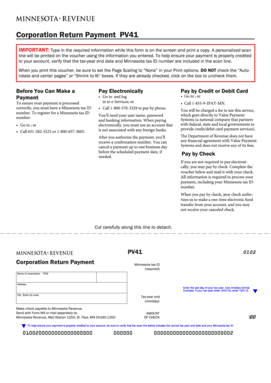 Fillable Form Pv41 - Corporation Return Payment Printable pdf