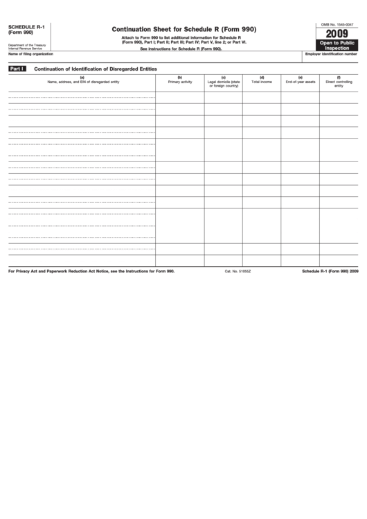 Fillable Schedule R-1 (Form 990) - Continuation Sheet For Schedule R (Form 990) - 2009 Printable pdf
