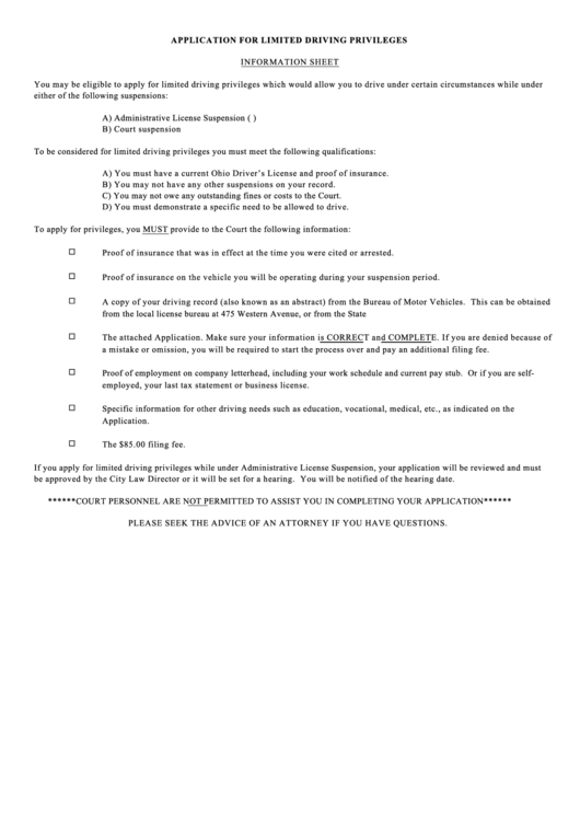 Application For Limited Driving Privileges - Chillicothe Municipal Court, Ohio Printable pdf