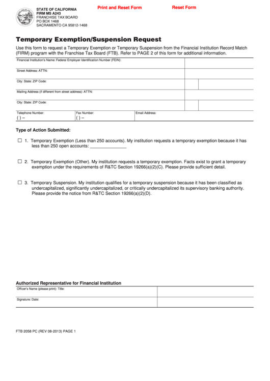 Fillable Form Ftb 2058 Pc - Temporary Exemption/suspension Request Printable pdf