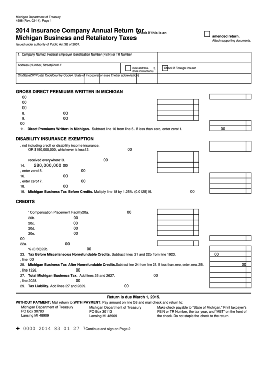Form 4588 - Insurance Company Annual Return For Michigan Business And Retaliatory Taxes - 2014 Printable pdf