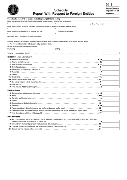 Fillable Schedule Fe - Report With Respect To Foreign Entities - 2013 Printable pdf