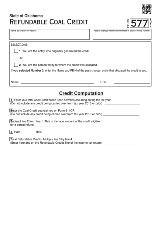 Fillable Form 577 - Refundable Coal Credit - State Of Oklahoma - 2014 Printable pdf