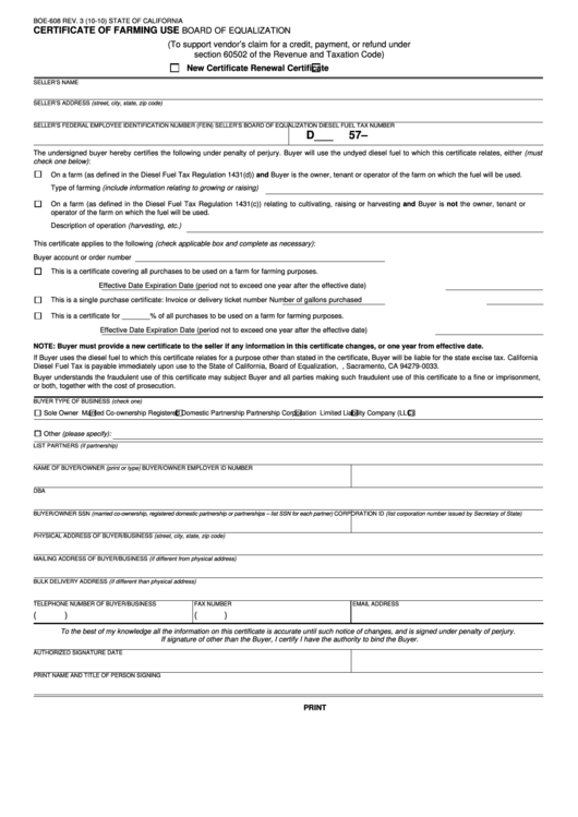 Fillable Form Boe-608 - Certificate Of Farming Use - 2010 Printable pdf