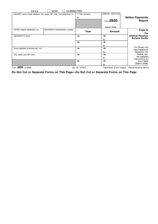 Fillable Form 8935 - Airline Payments Report - 2009 Printable pdf