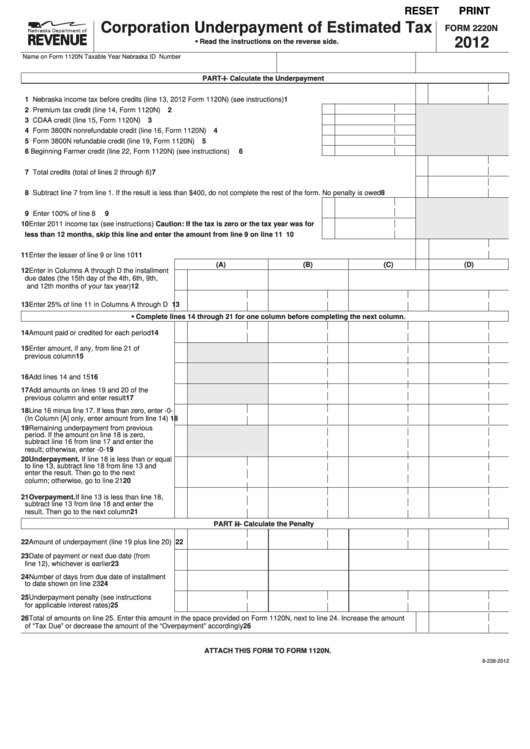 Fillable Form 2220n - Corporation Underpayment Of Estimated Tax - 2012 Printable pdf