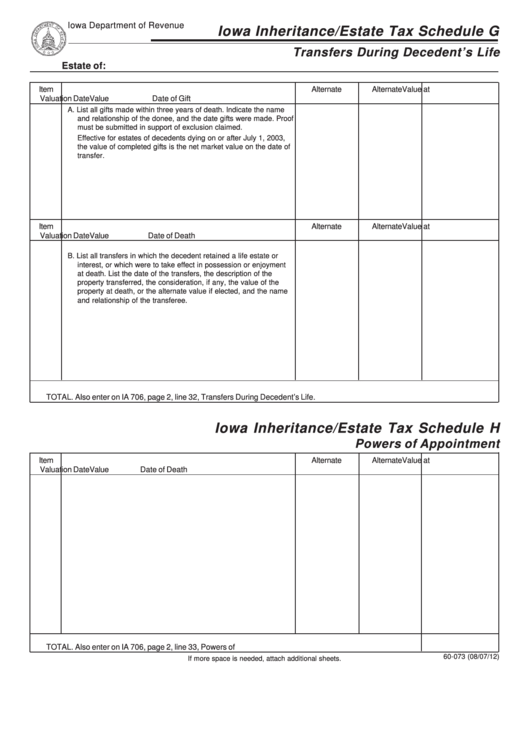 Form 60-073 - Iowa Inheritance/estate Tax Schedule G Transfers During Decedent