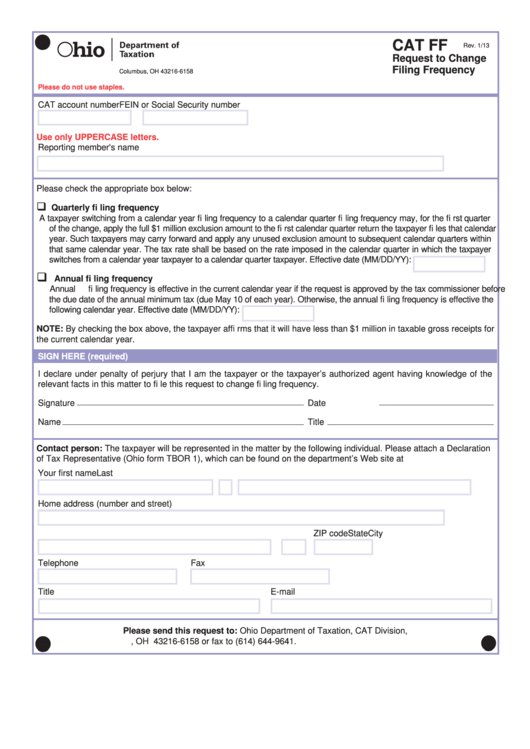 Fillable Form Cat Ff - Request To Change Filing Frequency Printable pdf
