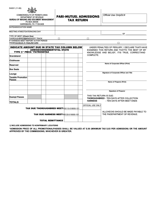 Fillable Form Das31 - Pari-Mutuel Admissions Tax Return Printable pdf
