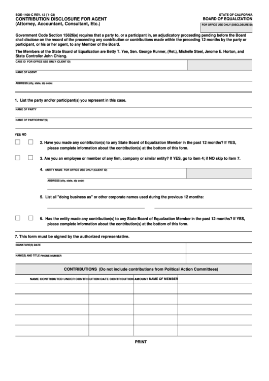 Fillable Form Boe-1400-C - Contribution Disclosure For Agent (Attorney, Accountant, Consultant, Etc.) Printable pdf