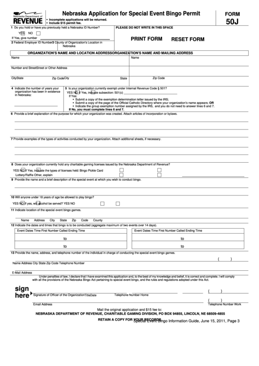 Fillable Form 50j - Nebraska Application For Special Event Bingo Permit - 2011 Printable pdf