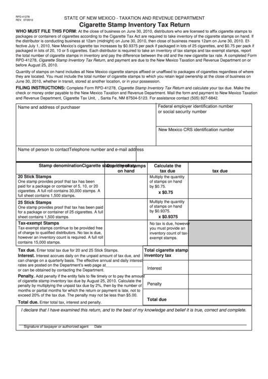 Fillable Form Rpd-41278 - Cigarette Stamp Inventory Tax Return Printable pdf