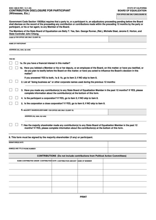 Fillable Form Boe-1400-B - Contribution Disclosure For Participant (Witnesses, Etc.) Printable pdf