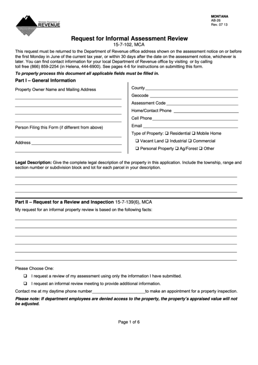 Fillable Form Ab-26 - Request For Informal Assessment Review Printable pdf