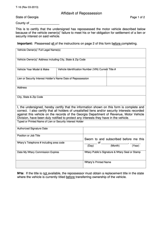 Fillable Form T-16 - Affidavit Of Repossession Printable pdf