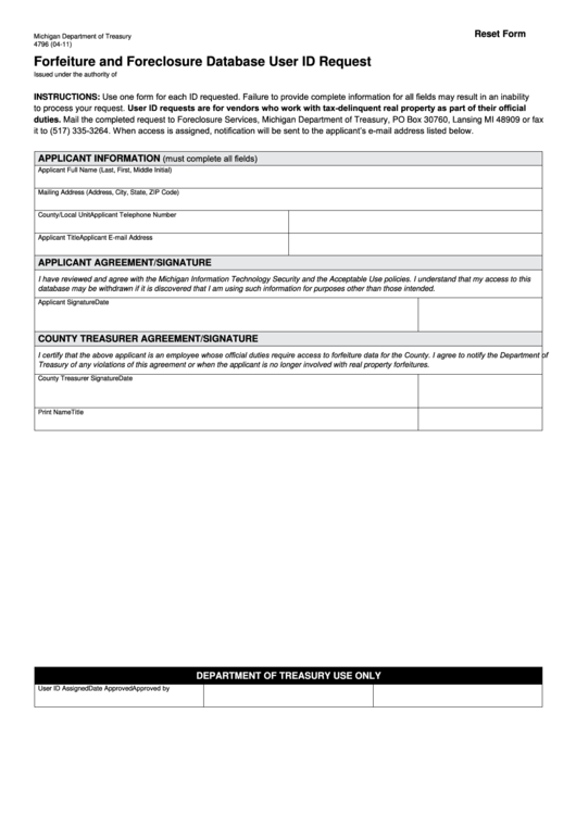 Fillable Form 4796 - Forfeiture And Foreclosure Database User Id Request Printable pdf