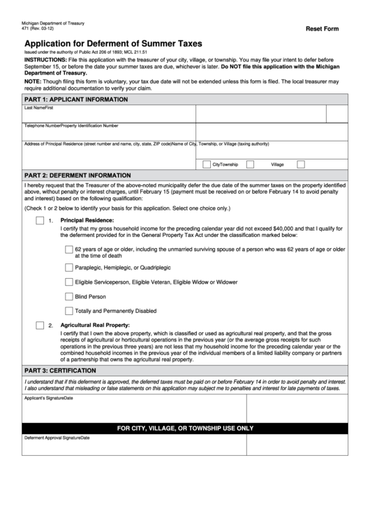 Fillable Form 471 - Application For Deferment Of Summer Taxes Printable pdf